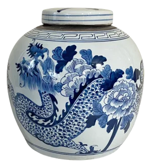 Chinoiserie Blue &White Porcelain Dragon Ginger Jar 12" H