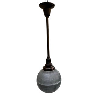 Vintage Holophane Ball Shade With Brass Pendant Fixture For Sale
