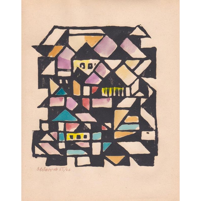 Composition by Lothar Schreyer for Edition Panderma, Basel, 1945This gouache, woodcut, painting, titled Composition, is a...