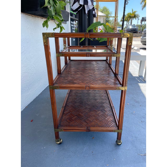 Sienna Vintage Korean Campaign Style Bar Cart With Brass Mounts & Parquet Shelves Georgian Furnishing Co. For Sale - Image 8 of 10
