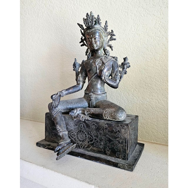 19th Century Nepalese Bronze Green Tara Seated Bodhisattva, 13.25” Pedestal Base For Sale - Image 4 of 12