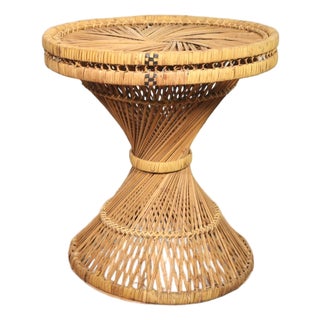 Vintage Wicker Rattan Emmanuelle Peacock Ottoman or Table Woven Pattern Cane 70's Retro Mid Century Modern Eclectic Boho Weave Foot Stool For Sale