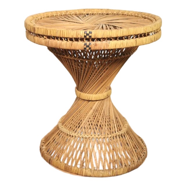 Vintage Wicker Rattan Emmanuelle Peacock Ottoman or Table Woven Pattern Cane 70's Retro Mid Century Modern Eclectic Boho Weave Foot Stool For Sale