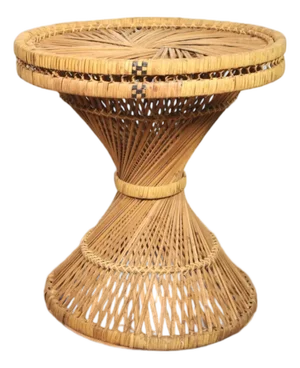 Vintage Wicker Rattan Emmanuelle Peacock Ottoman or Table Woven Pattern Cane 70's Retro Mid Century Modern Eclectic Boho Weave Foot Stool