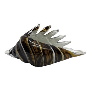 Vintage MCM Murano Style Art Glass Conch Shell Brown Swirl Paperweight For Sale