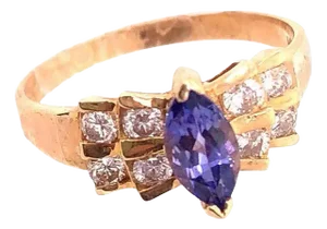 14 Karat Yellow Gold Contemporary Ring With Tanzanite and Diamonds, Size 7