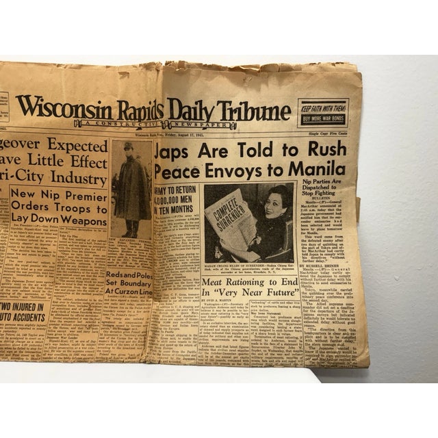 Original Wisconsin Rapids Daily Tribune dated August 17, 1945, published just after Japan’s surrender ending World War II....