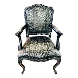 Black Faux Crocodile & Glossy Black Louis XV Style Armchair For Sale