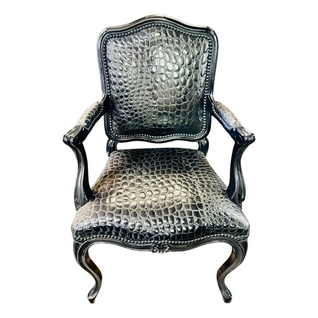 Black Faux Crocodile & Glossy Black Louis XV Style Armchair For Sale