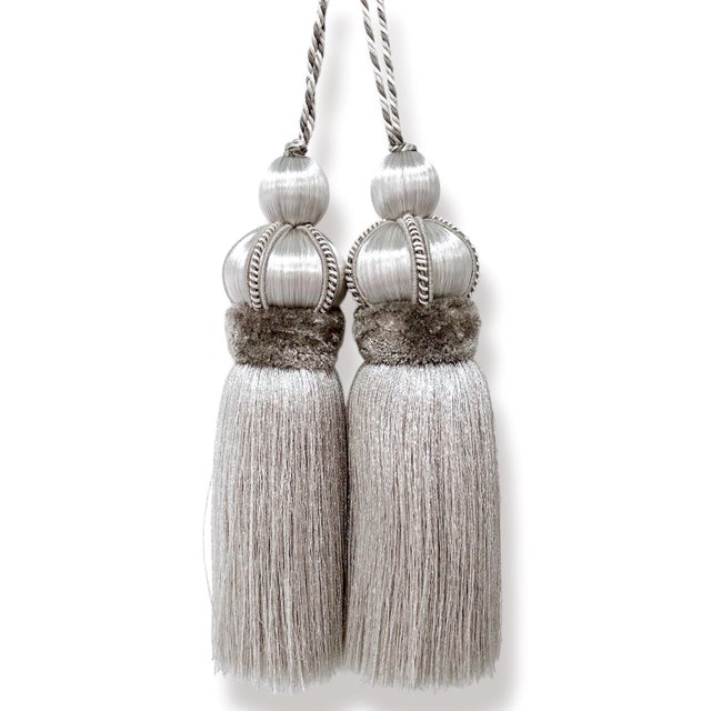 Platinum Satin Key Tassels With Dove Gray Velvet Details - A Pair For Sale - Image 10 of 13