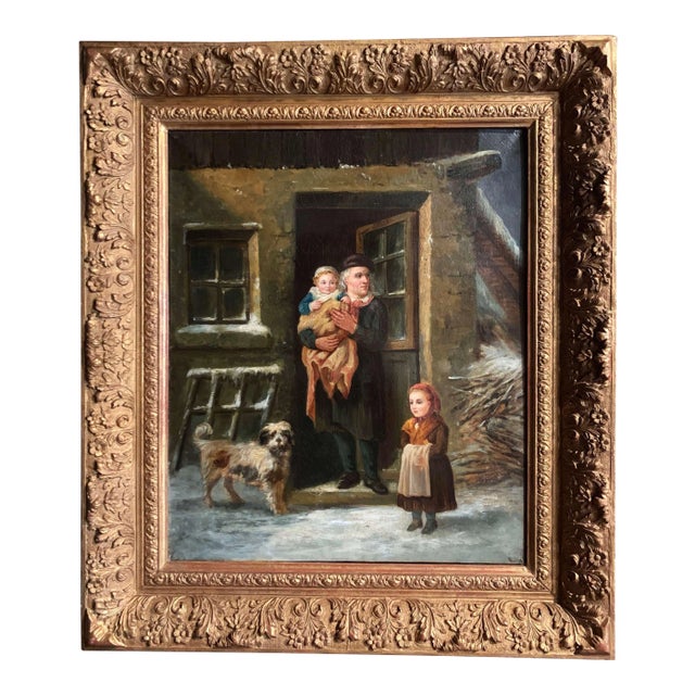 19th Century French Genre Oil Painting of Family Winter Scene With Dog For Sale
