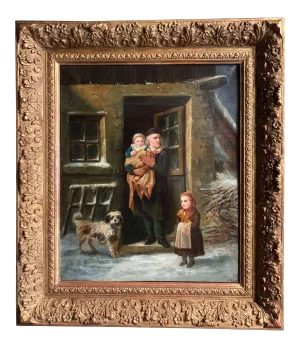 19th Century French Genre Oil Painting of Family Winter Scene With Dog