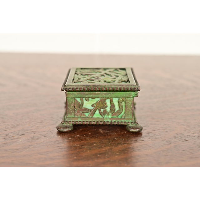 Apollo Studios New York Arts & Crafts Grapevine Pattern Bronze and Slag Glass Stamp Box For Sale - Image 9 of 12