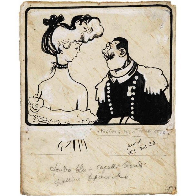 Gabriele Galantara, Blonde Hair and White Balls, China Ink and White Lead Drawing, Early 20th Century For Sale