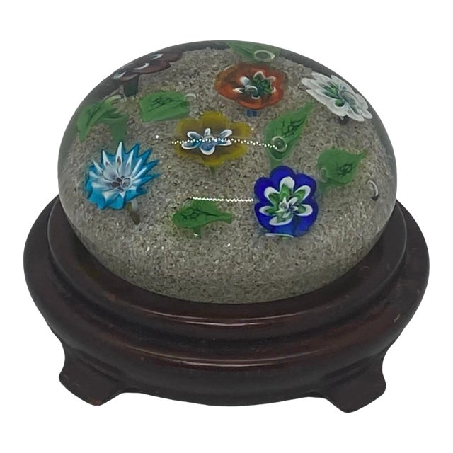 Vintage Ferro & Lazzarini Murano Italy Flower Garden Glass Paperweight With Round Wood Stand For Sale