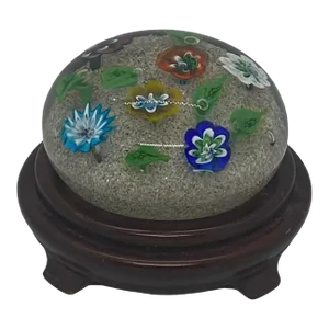 Vintage Ferro & Lazzarini Murano Italy Flower Garden Glass Paperweight With Round Wood Stand