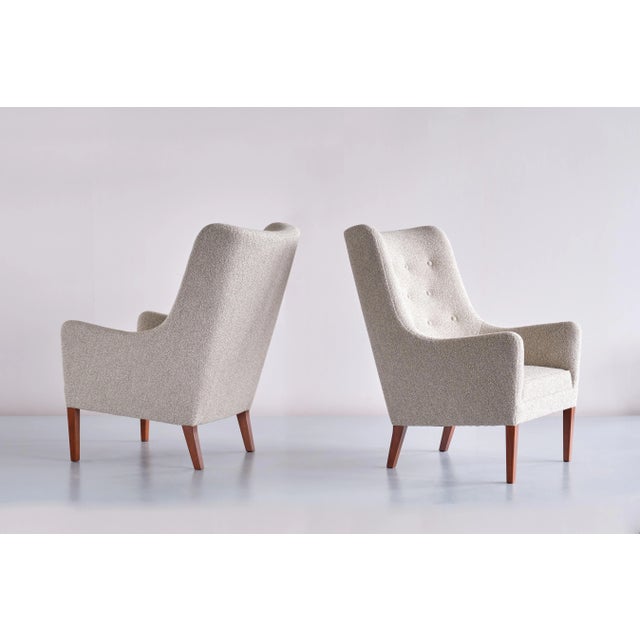 Mid-Century Modern Set of Bouclé & Mahogany High Back Armchairs by Jacob Kjær, Denmark, 1940s For Sale - Image 3 of 14