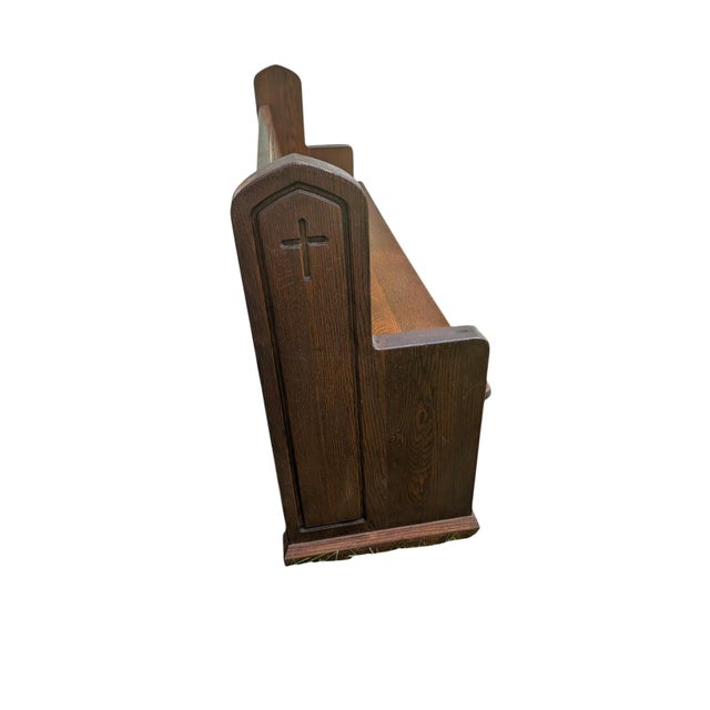 Brown Mid 20th Century Carved Solid Oak Church Pew Bench With Cross Details – 75" For Sale - Image 8 of 17