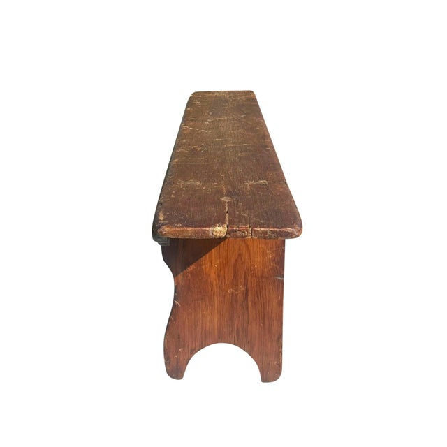 Wood Antique Primitive Pine Nantucket Meetinghouse Bench With Half Moon Cutout Ends For Sale - Image 7 of 9