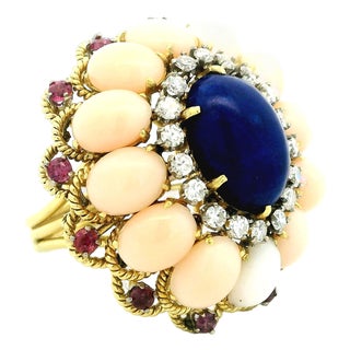 Italian 18k Gold Lapis, Coral, Ruby & Diamond Cocktail Ring, 1970s, Size 7 For Sale