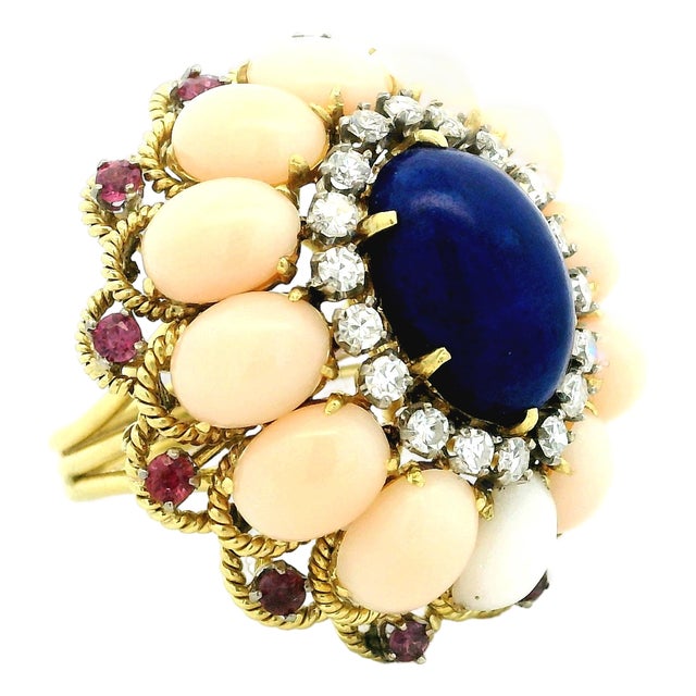 Italian 18k Gold Lapis, Coral, Ruby & Diamond Cocktail Ring, 1970s, Size 7 For Sale