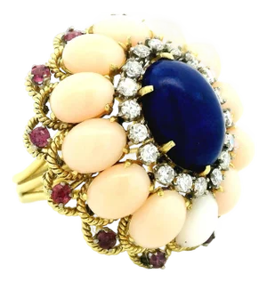 Italian 18k Gold Lapis, Coral, Ruby & Diamond Cocktail Ring, 1970s, Size 7