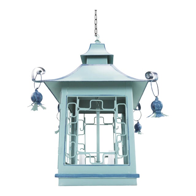Vintage Double Pagoda Blue Three Light Chandelier For Sale