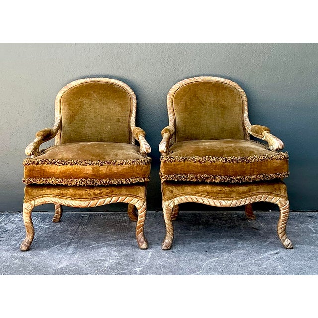 Camel Vintage Velvet Fauteuil Chairs With Caterpillar Fringe For Sale - Image 8 of 12