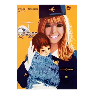 1971 Polish Airline Poster, Lot AIrlines (Stewardess + Child)