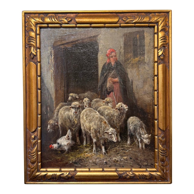 19th Century Oil on Canvas "Shepherdess With Flock" For Sale