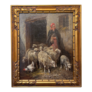 19th Century Oil on Canvas "Shepherdess With Flock"
