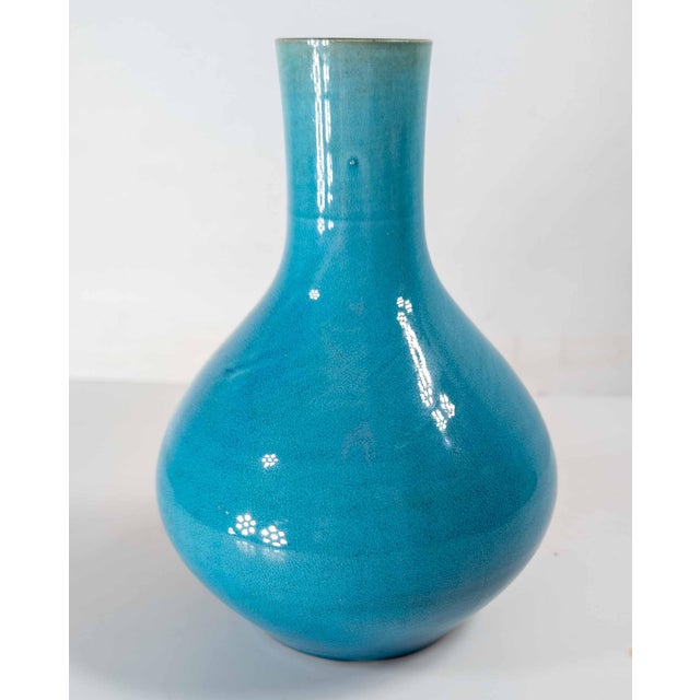 Ceramic 20th Century Japanese Electric Blue Turquoise Kangxi Style Bottle Vase For Sale - Image 7 of 16