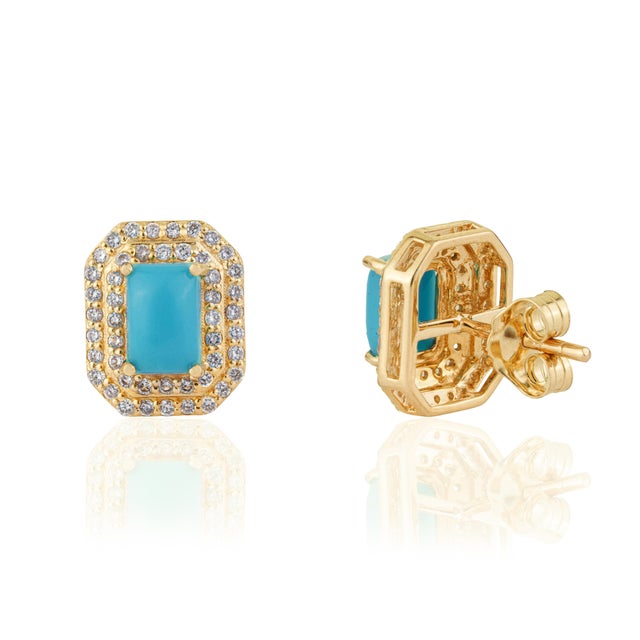 Metal 14k Yellow Gold 1.34ct Turquoise Cabochon Diamond Double Halo Stud Earrings- A Pair For Sale - Image 7 of 15