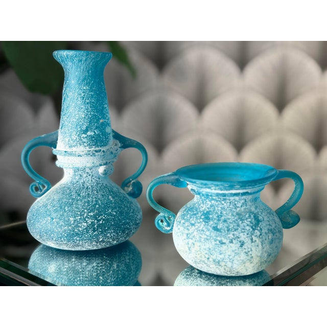 Vintage Greek-Style Italian-Style Blue Textured “Seguso Scavo”-Style Art Glass Vases Includes: Two (2) vases Tall Vase...