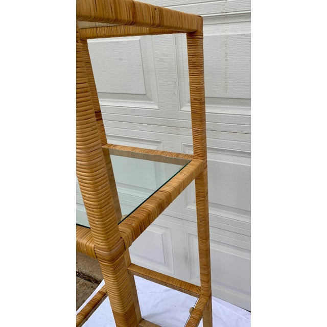 Tan Boho Chic Wrapped Split Rattan Wicker and Glass Etagere For Sale - Image 8 of 11