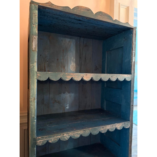 Early 20th Century Antique Primitive Blue Painted Open Cupboard With Scalloped Shelves – 80”h For Sale - Image 5 of 8