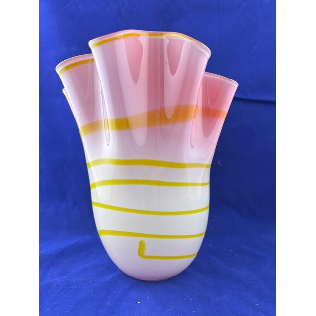 Stunning **Vintage MCM Murano Style Fazzoletto Handkerchief Art Glass Vase** featuring the iconic freeform, ruffled...