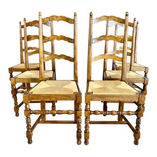 French Farmhouse Oak Ladder Back Dining Chairs With Rush Woven Seats - Set of 6 For Sale