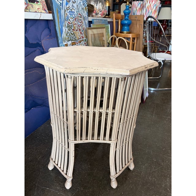 Coastal Vintage Faux Bamboo Wicker Side Table With Glass Top For Sale - Image 3 of 4