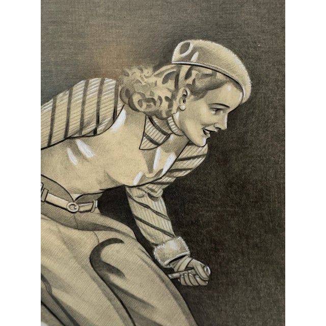 Original graphite pencil drawing by American artist and illustrator Theodore E. Schrock (1879–1952), depicting a stylish...
