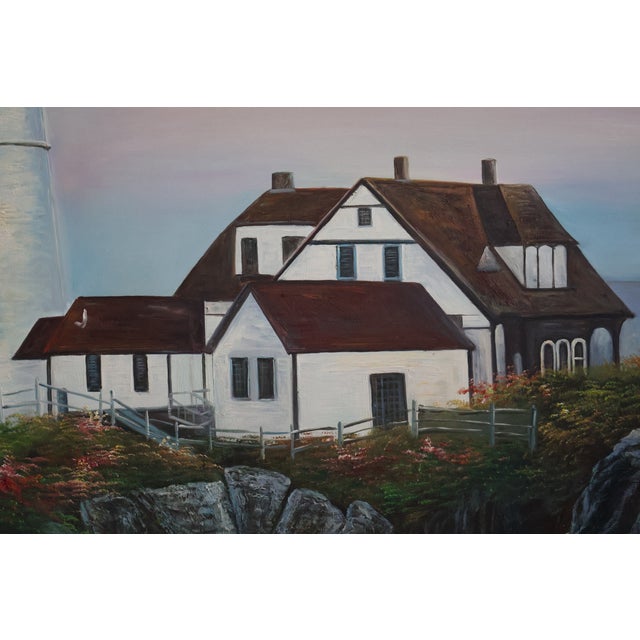 Wood Large Vintage R. Ashburton Portland Head Light Oil Painting—59″ For Sale - Image 7 of 18