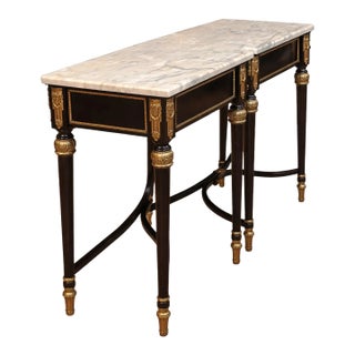 1960s French Empire Style Marble Top Console Table Black and Gold Ormolu Center Drawer For Sale