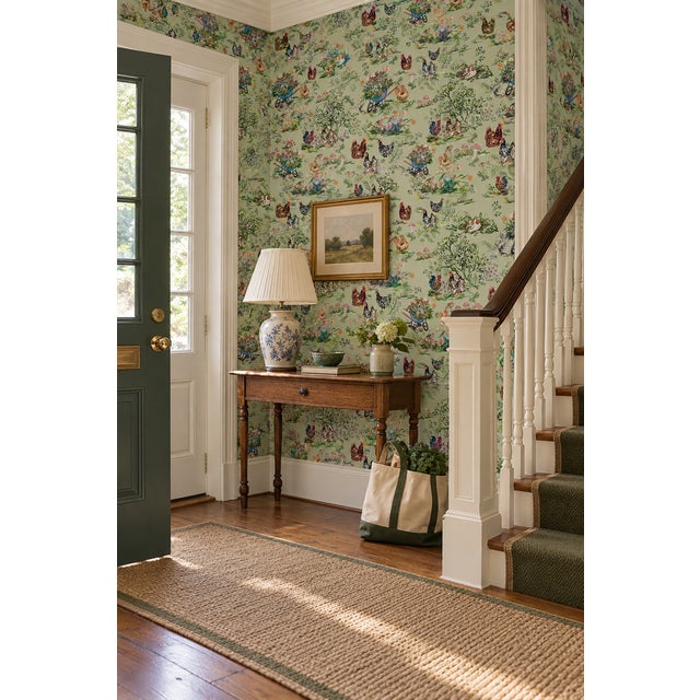 Farmhouse Cluckingham Farm Toile Grasscloth Wallpaper by House Party | Green Grass | 6 Yards For Sale - Image 3 of 12
