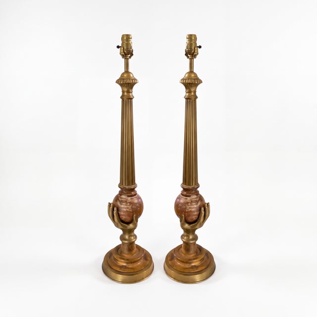 Modern Neo-Classical Style Cerused Pine and Brass Hand Chapman Table Lamps- Pair For Sale - Image 9 of 11