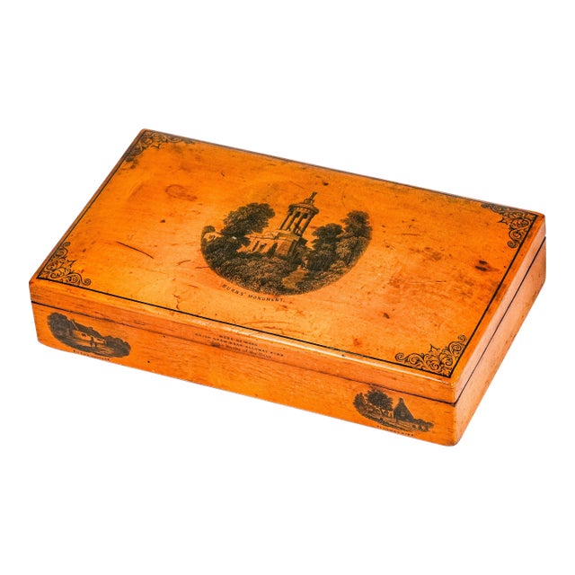 Unusual Rare Large Mauchline Ware Wood Box Robert Burns Antique Victorian Souvenir Scotland Scottish For Sale