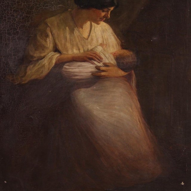 Antique spanish painting from the early 20th century. Oil on canvas, first canvas, artwork depicting a charming interior...