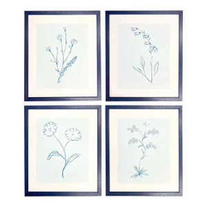 Botanicals in Blue Set of 4 Original Prints, Framed