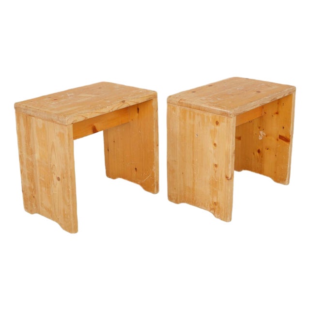 Charlotte Perriand for Les Arcs 1600, Attributed Pair of Carved Pine Stools, 1960s For Sale