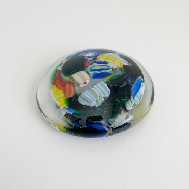 Stunning 4.5" wide, modernist Italian Murano glass paper weight. Hand blown heavy glass with multicolored scramble...