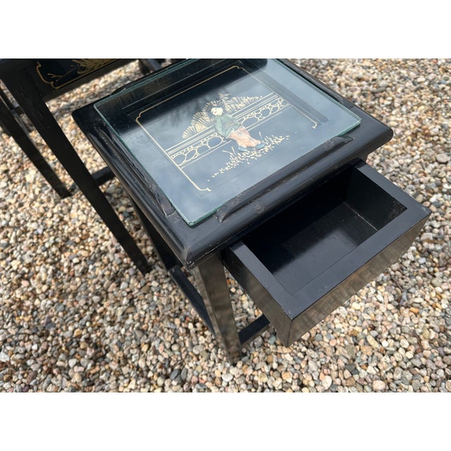 Set 4 Nesting Tables Chinoiserie Black Lacquer Soapstone Carved Figures For Sale In Providence - Image 6 of 9
